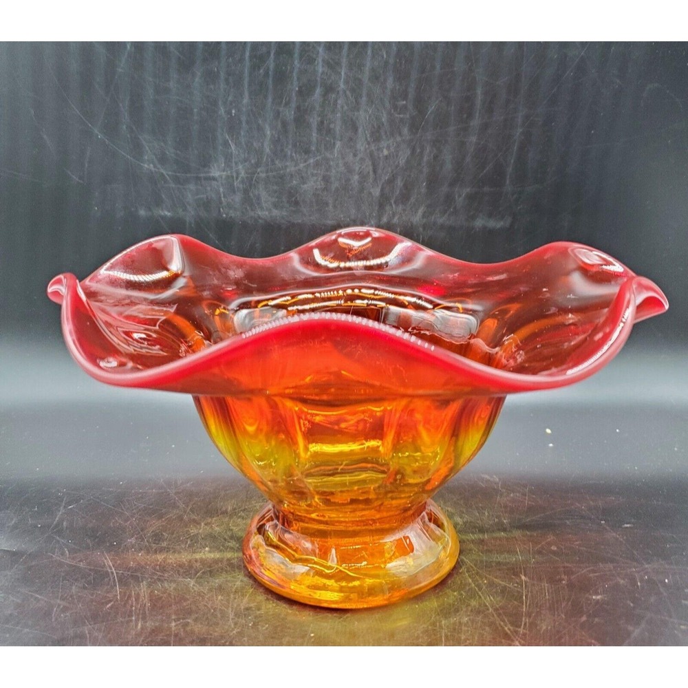 Vintage Kanawha Amberina Ruffled Compote Candy Dish Bowl 9.25" Red Yellow